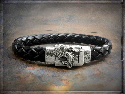 Elfcraft Lederarmband Geflochten Schwarz 10 mm Drachen-Motiv 925 Silber Massiv Unisex