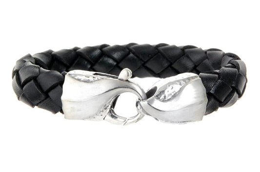 Elfcraft Lederarmband Geflochten Schwarz 13 mm Karabiner 925 Sterling Silber Massiv Unisex