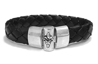 Elfcraft Lederarmband Geflochten Schwarz 13 mm Lilien-Motiv 925 Sterling Silber Massiv Unisex