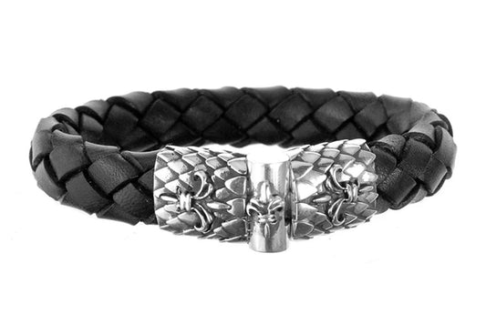 Elfcraft Lederarmband Geflochten Schwarz 13 mm Lilien-Motive Drachenschuppen-Optik 925 Sterling Silber Massiv Unisex