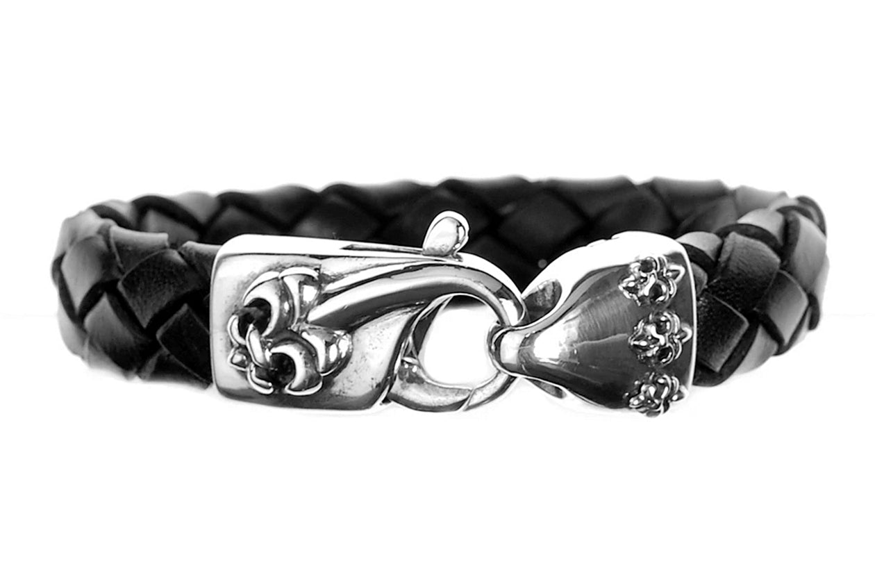 Elfcraft Lederarmband Geflochten Schwarz 13 mm Breit Lilien-Karabiner 925 Sterling Silber Massiv Unise