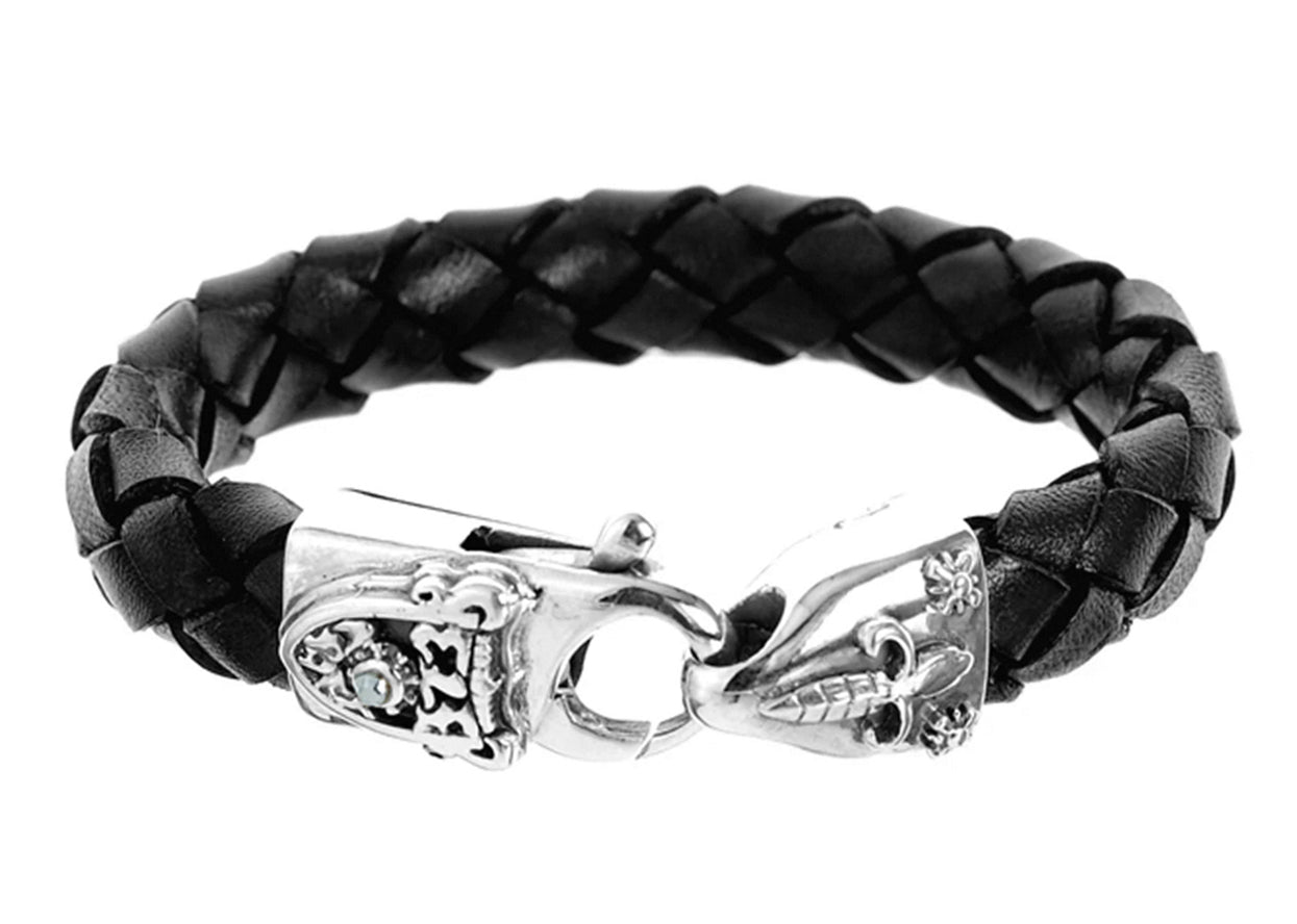 Elfcraft Lederarmband Geflochten Schwarz 13 mm Breit Lilien-Karabiner Meteorit 925 Sterling Silber Massiv Unise