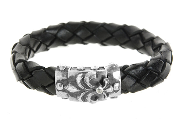 Elfcraft Lederarmband 13 mm Breit Geflochten Schwarz Lilien-Schliesse Meteorit 925 Sterling Silber Massiv Unisex