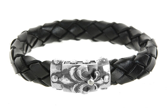Elfcraft Lederarmband 13 mm Breit Geflochten Schwarz Lilien-Schliesse Meteorit 925 Sterling Silber Massiv Unisex