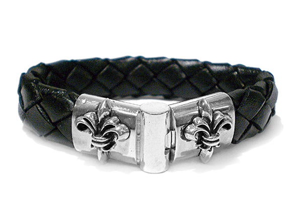 Elfcraft Lederarmband Geflochten Schwarz 13 mm Lilien-Verschluss 925 Sterling Silber Massiv Unisex