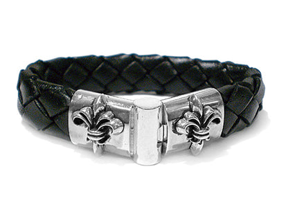 Elfcraft Lederarmband Geflochten Schwarz 13 mm Lilien-Verschluss 925 Sterling Silber Massiv Unisex