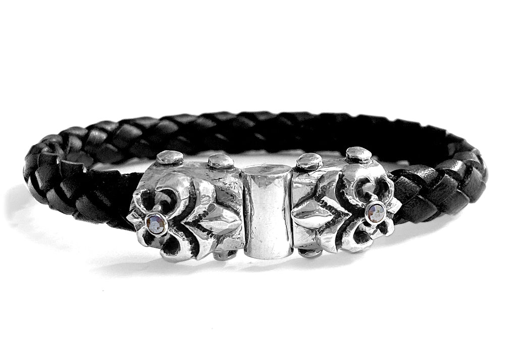 Elfcraft Lederarmband Geflochten Schwarz 10 mm Lilien-Verschluss Meteoriten 925 Sterling Silber Massiv Unisex
