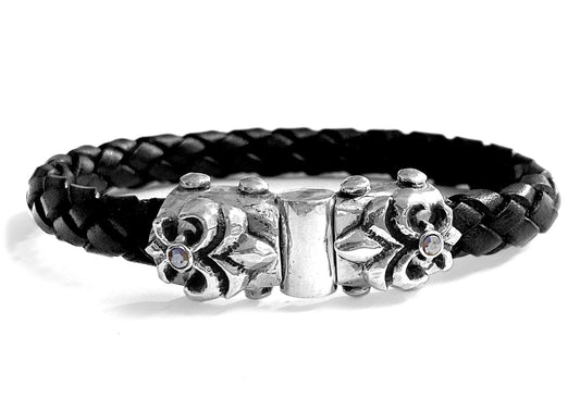 Elfcraft Lederarmband Geflochten Schwarz 10 mm Lilien-Verschluss Meteoriten 925 Sterling Silber Massiv Unisex