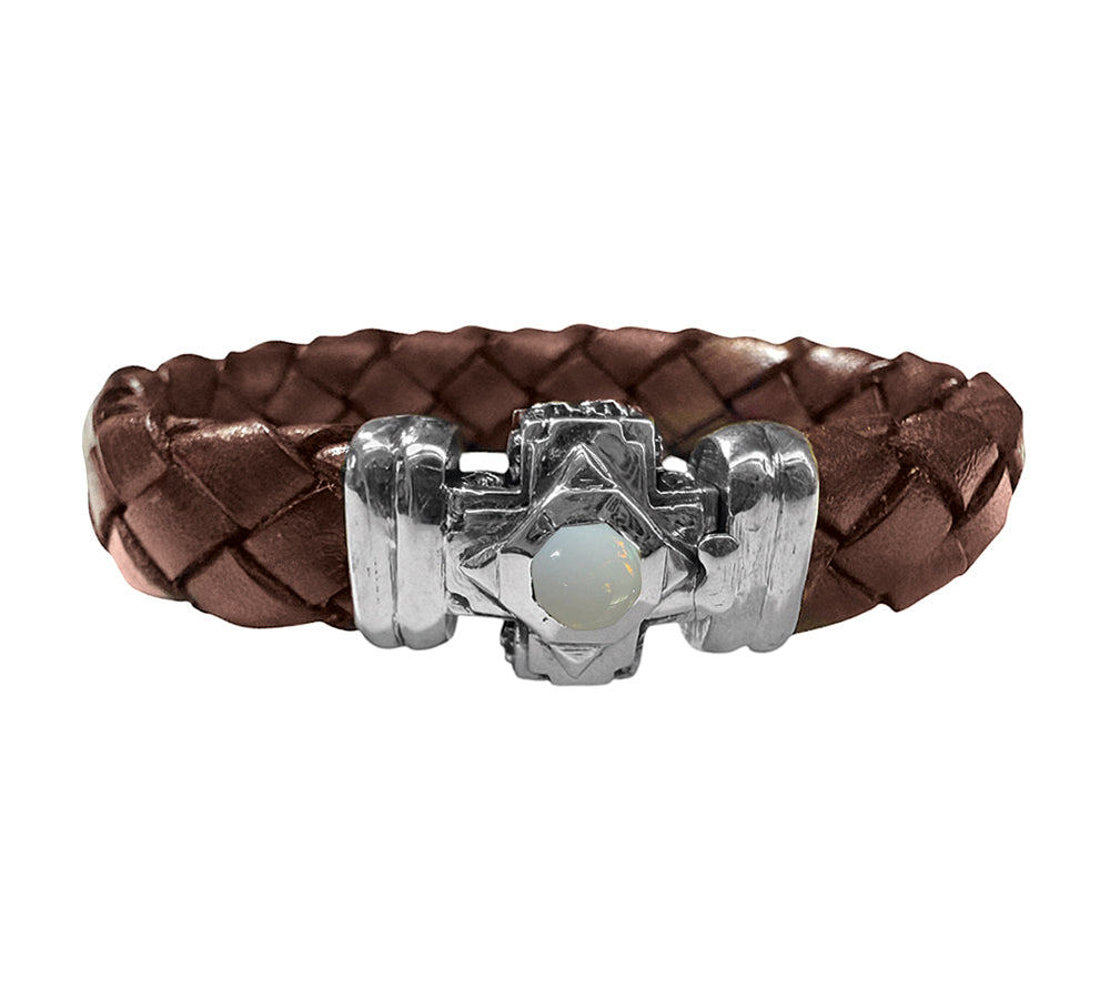 Elfcraft Lederarmband Braun Geflochten 13 mm Breit Octagon Cross Oktagon-Kreuz Opal Cabochon 925 Silber Unisex