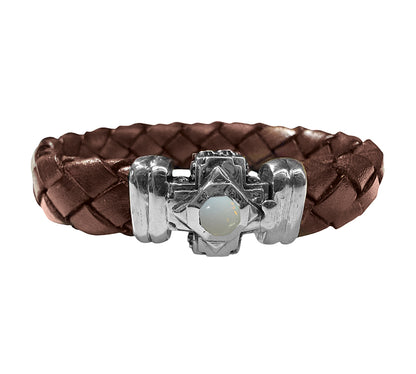 Elfcraft Lederarmband Braun Geflochten 13 mm Breit Octagon Cross Oktagon-Kreuz Opal Cabochon 925 Silber Unisex