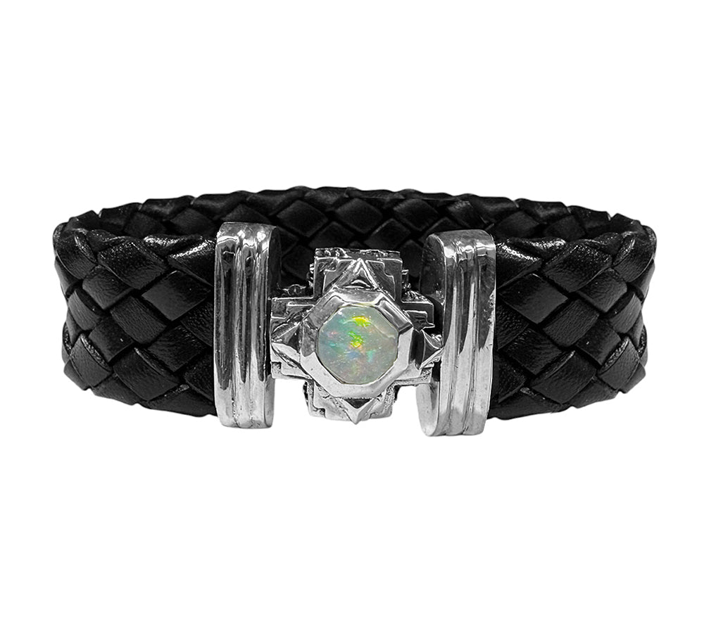 Elfcraft Lederarmband Schwarz Geflochten 22 mm Breit Octagon Cross Oktagon-Kreuz Opal Cabochon 925 Sterling Silber Unisex