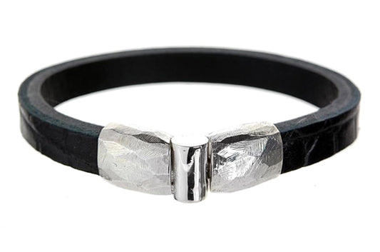 Elfcraft Lederarmband Schwarz 10 mm Schließe Gehämmert 925 Sterling Silber Massiv Unisex