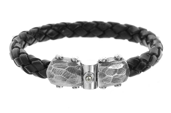 lfcraft Lederarmband Schwarz 10 mm Geflochten Facettierte Meteorit-Schließe 925 Sterling Silber Unisex