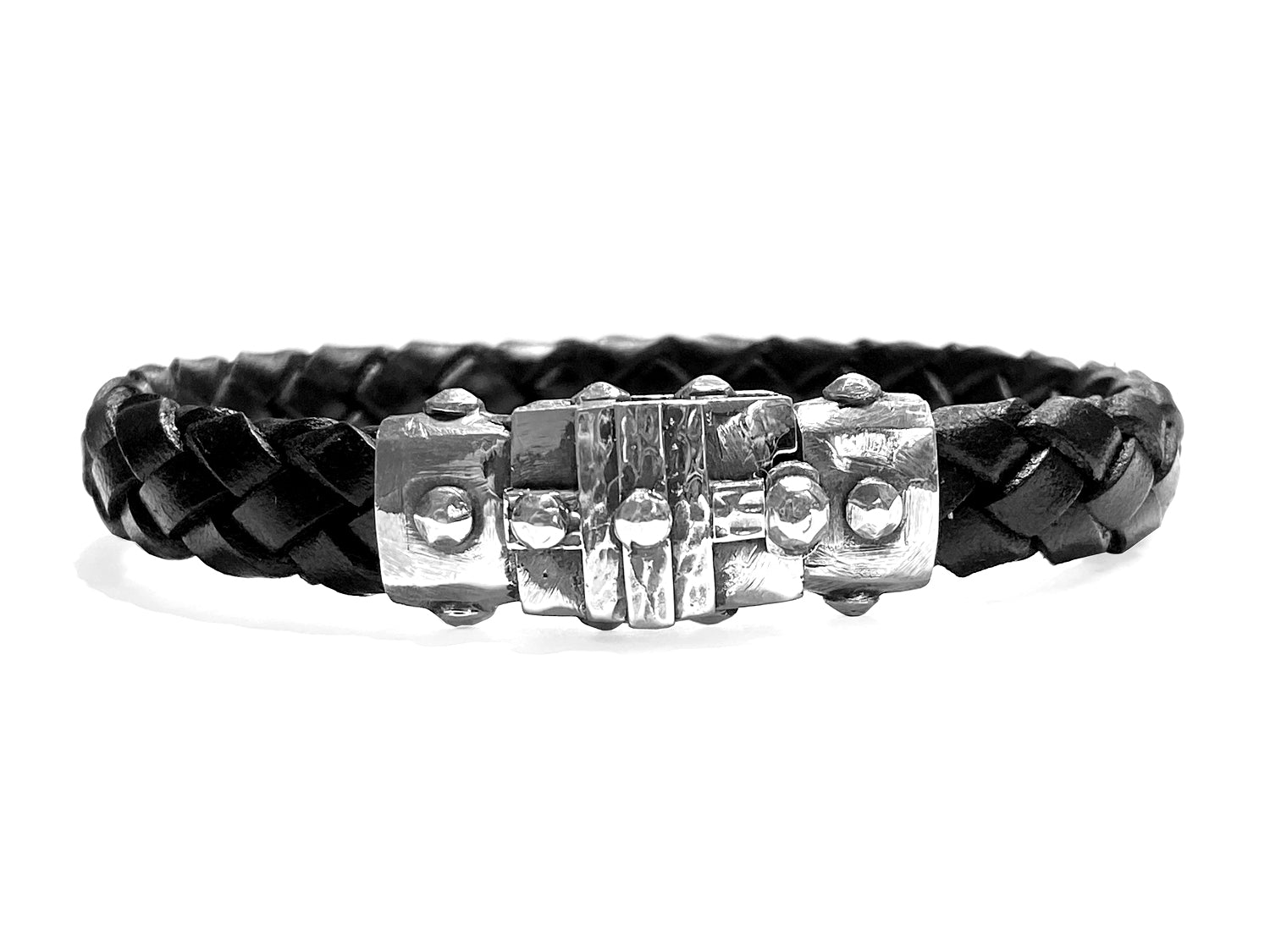 Elfcraft Lederarmband Schwarz 10 mm Geflochten Tri Hammered Schließe 925 Sterling Silber Massiv Unisex