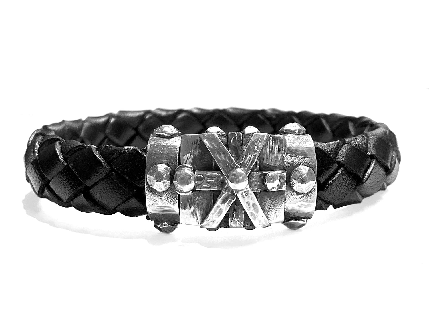 Elfcraft Lederarmband Schwarz 13 mm Geflochten Cross Bound Schließe 925 Sterling Silber Massiv Unisex