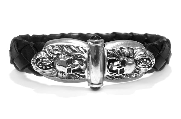 Elfcraft Lederarmband Schwarz Geflochten Skulls Totenköpfe Magic-Plant-Motive 925 Sterling Silber Massiv Unisex