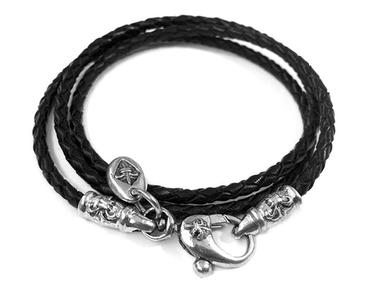 Elfcraft Lederkette Geflochten Schwarz Lilien-Karabiner 925 Sterling Silber Massiv