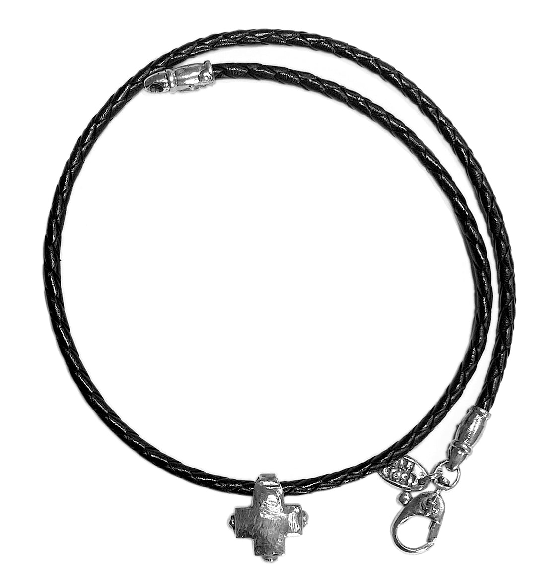 Elfcraft Lederband Schwarz Geflochten Gleichschenkeliges Kreuz Facettiert 925 Silber Massiv 50 cm Lang Unisex