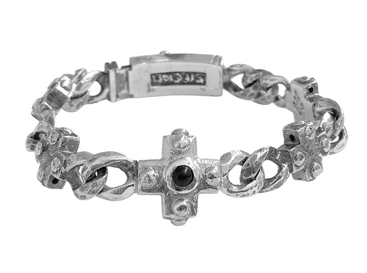 Elfcraft Panzerarmband Kreuz-Motive Onyx 925 Sterling Silber Massiv Lilien-Verschluss Unisex