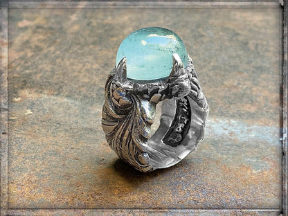 lfcraft Ring Aquamarin Cabochon Dragon-Claw Krappenfassung Magic-Plant Ringschiene 925 Silber Massiv