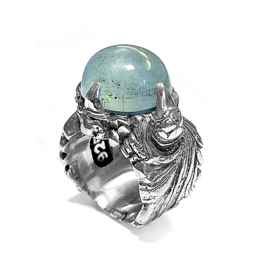 lfcraft Ring Aquamarin Cabochon Dragon-Claw Krappenfassung Magic-Plant Ringschiene 925 Sterling Silber Massiv