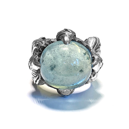lfcraft Ring Aquamarin Cabochon Dragon-Claw Krappenfassung Magic-Plant Ringschiene Sterling Silber Massiv
