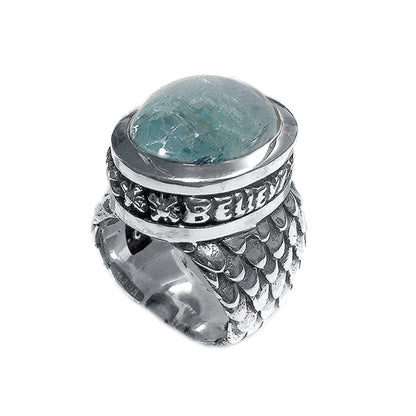 Elfcraft Ring Believe In Your Dreams Aquamarin Cabochon Drachenschuppen-Optik 925 Sterling Silber Massiv
