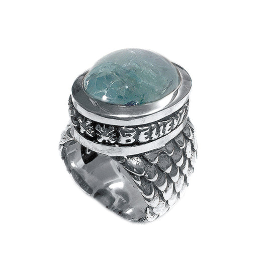 Elfcraft Ring Believe In Your Dreams Aquamarin Cabochon Drachenschuppen-Optik 925 Sterling Silber Massiv
