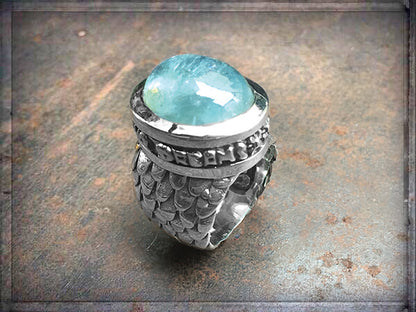 Elfcraft Ring Believe In Your Dreams Aquamarin Cabochon Drachenschuppen-Optik 925 Silber Massiv