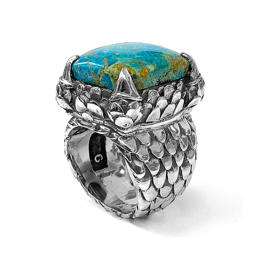 Elfcraft Ring Chrysokoll Cabochon Krappenfassung Drachenschuppen-Optik 925 Sterling Silber Massiv
