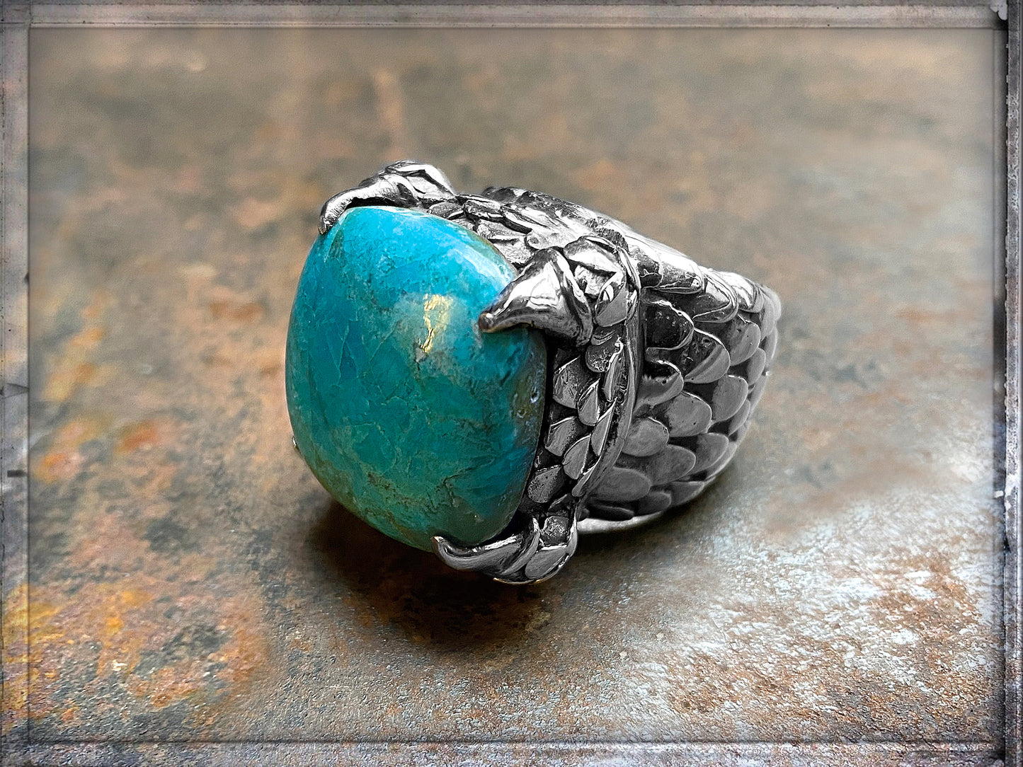 Elfcraft Ring Chrysokoll Krappenfassung Drachenschuppen-Optik 925 Sterling Silber Massiv