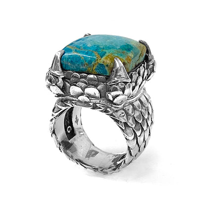 Elfcraft Ring Chrysokoll Cabochon Krappenfassung Drachenschuppen-Optik Sterling Silber Massiv