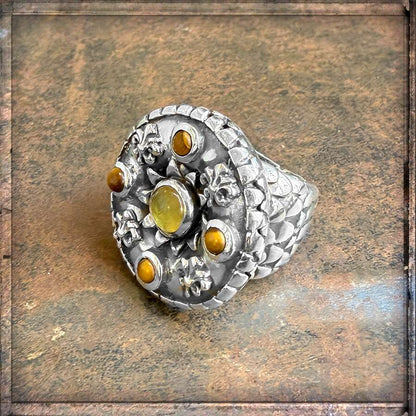 Elfcraft Ring Lilies Coin Dragon Scales Bernstein 925 Sterling Silber Massiv Seitlich