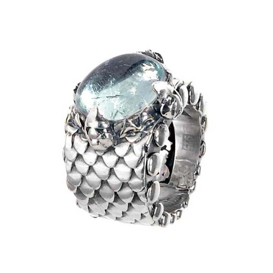 Elfcraft Ring Drachenschuppen-Optik Krappenfassung Aquamarin Cabochon 925 Sterling Silber Massiv