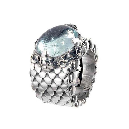 Elfcraft Ring Drachenschuppen-Optik Krappenfassung Aquamarin Cabochon 925 Sterling Silber Massiv