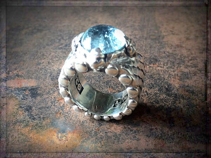 Elfcraft Ring Drachenschuppen-Optik Krappenfassung Aquamarin Cabochon Sterling Silber Massiv