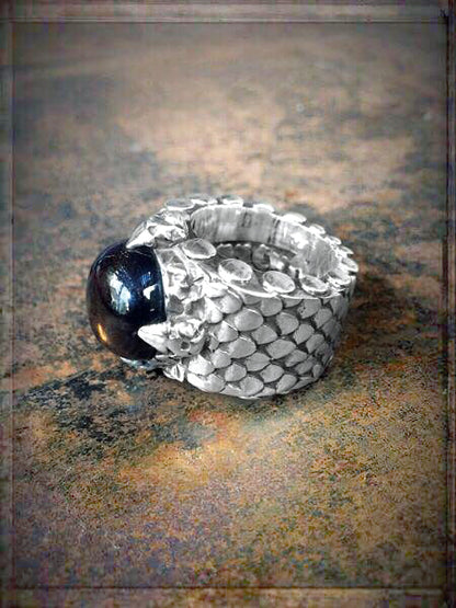 Elfcraft Ring Drachenschuppen-Optik Krappenfassung Rauchquarz Cabochon 925 Sterling Silber Massiv Seitlich