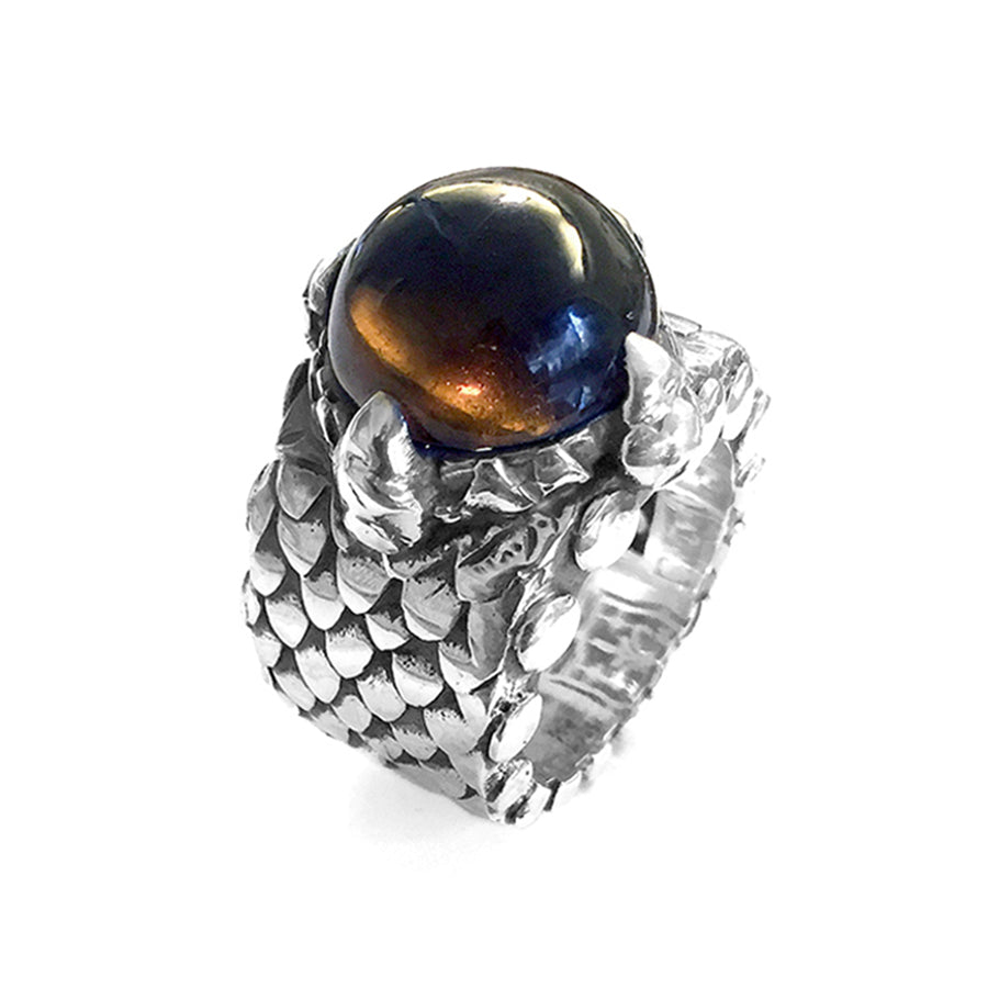 Elfcraft Ring Drachenschuppen-Optik Krappenfassung Rauchquarz Cabochon 925 Sterling Silber Massiv