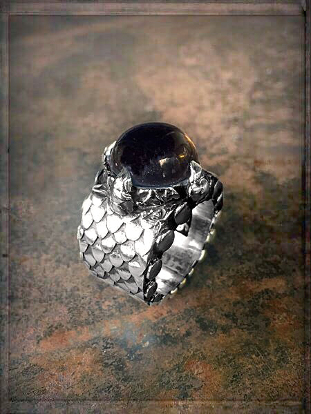 Elfcraft Ring Drachenschuppen-Optik Krappenfassung Rauchquarz Cabochon 925 Silber Massiv