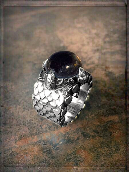 Elfcraft Ring Drachenschuppen-Optik Krappenfassung Rauchquarz Cabochon 925 Silber Massiv