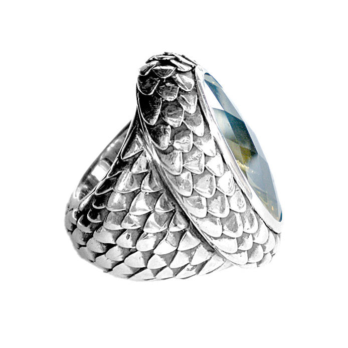 Elfcraft Ring Groß Drachenschuppen-Optik Lemon Citrin 925 Sterling Silber Massiv Seitlich