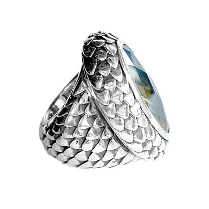 Elfcraft Ring Groß Drachenschuppen-Optik Lemon Citrin 925 Sterling Silber Massiv Seitlich