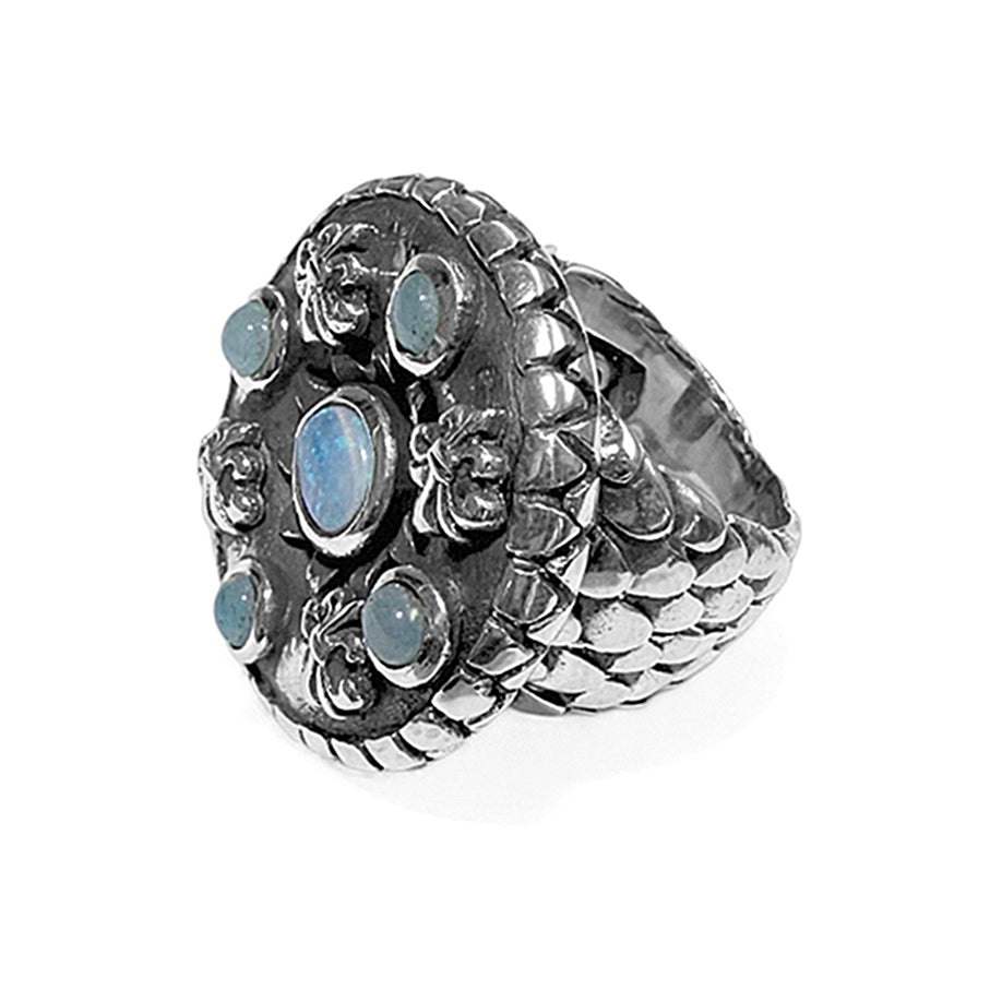 Elfcraft Ring Lilies Coin Dragon Scales Drachenschuppen-Optik Opal Aquamarin 925 Sterling Silber Massiv Seitlich