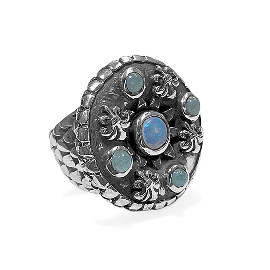 Elfcraft Ring Lilies Coin Dragon Scales Drachenschuppen-Optik Opal Aquamarin 925 Sterling Silber Massiv