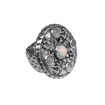 Elfcraft Ring Lilies Coin Dragon Scales Drachenschuppen-Optik Opal Aquamarin Steine 925 Sterling Silber Massiv