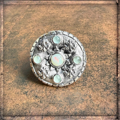 Elfcraft Ring Lilies Coin Dragon Scales Drachenschuppen-Optik Opal Aquamarin Steine 925 Sterling Silber Massiv Vorderseite