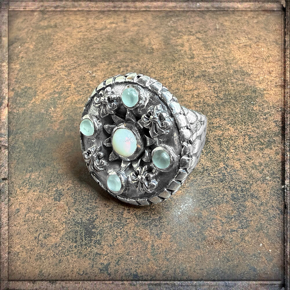 Elfcraft Ring Lilies Coin Dragon Scales Drachenschuppen-Optik Opal Aquamarin Steine 925 Sterling Silber Massiv Seitlich 2