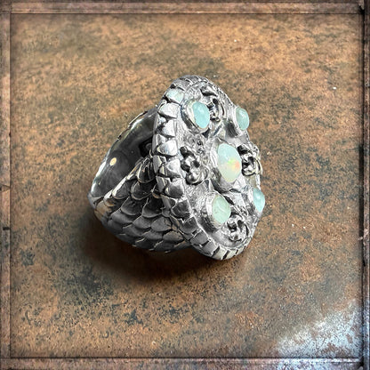 Elfcraft Ring Lilies Coin Dragon Scales Drachenschuppen-Optik Opal Aquamarin Steine 925 Sterling Silber Massiv Seitlich