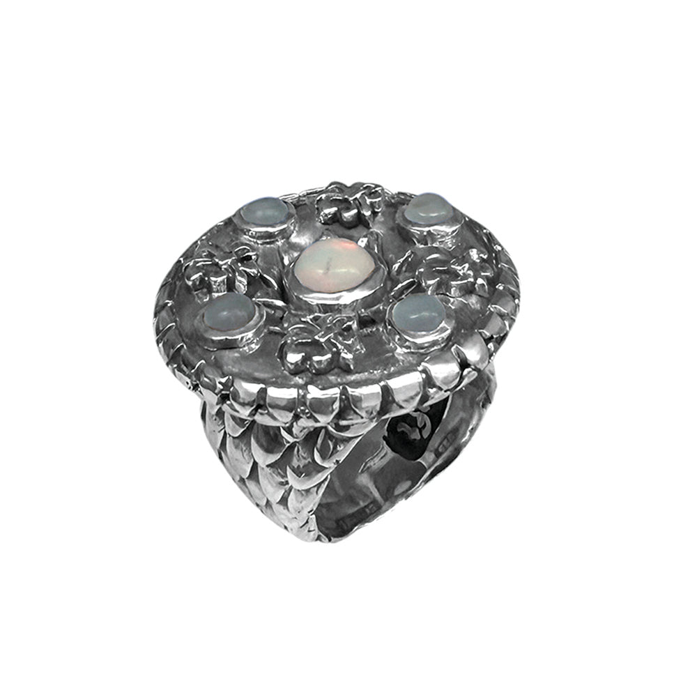 Elfcraft Ring Lilies Coin Dragon Scales Drachenschuppen-Optik Opal Aquamarin Steine Sterling Silber Massiv