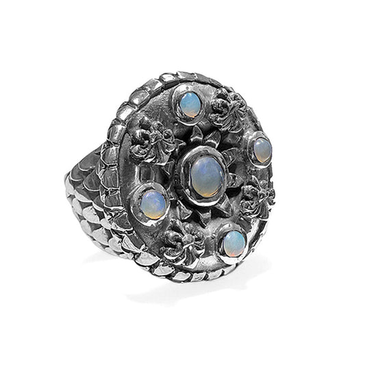 Elfcraft Ring Lilies Coin Dragon Scales Drachenschuppen-Optik Opale 925 Sterling Silber Massiv